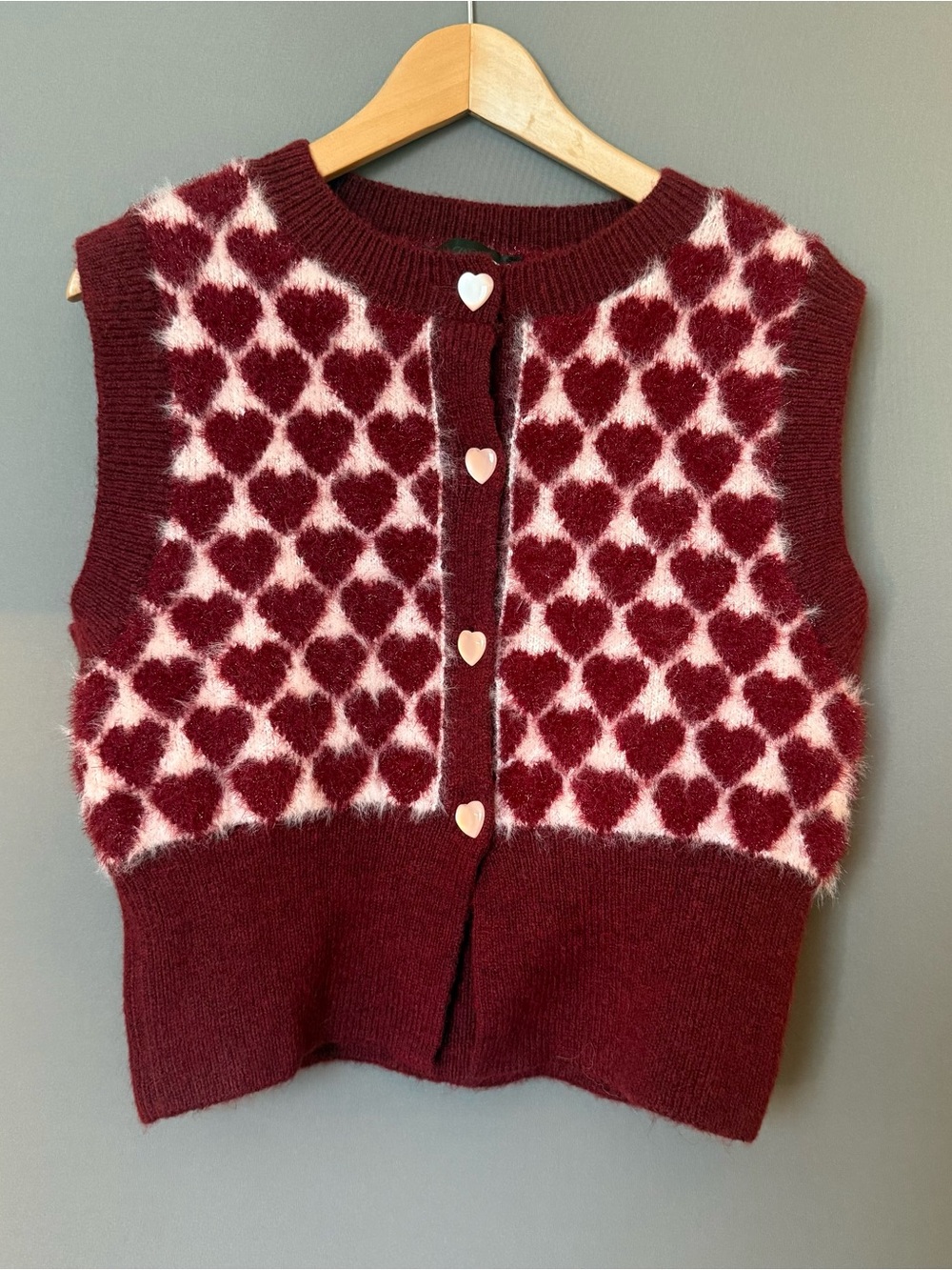 Zara Heart Jacquard Fuzzy Knit Vest Women Burgundy Pink Size L Coquette